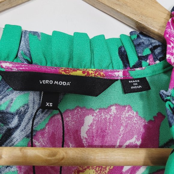 Vero Moda Aqua Green Floral Long Sleeve Peplum Blouse Shirt Top Ruffle Neck XS - Picture 7 of 10